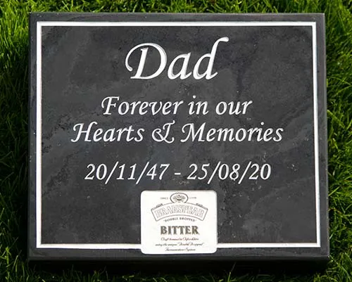 This wedge has an inlaid etched panel Slate Memorial Wedge