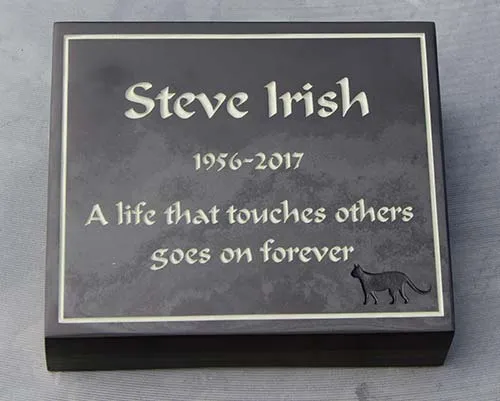 The image has been sand carved with the lettering Slate Memorial Wedge