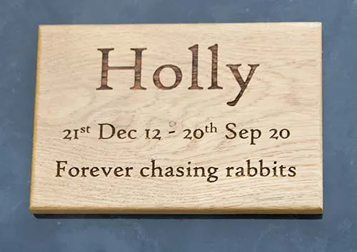 Wooden pet memorial in oak. Wooden Pet Memorial - Dog