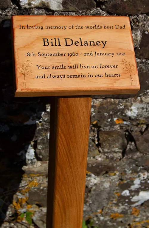 Dowels are used instead of screws Memorial Plaque on Wooden Post