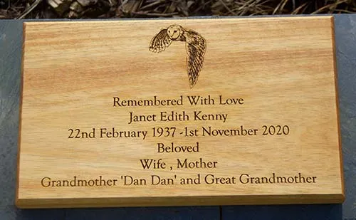We have a whole range of standard images or you can send in your own Memorial Plaque with Barn Owl