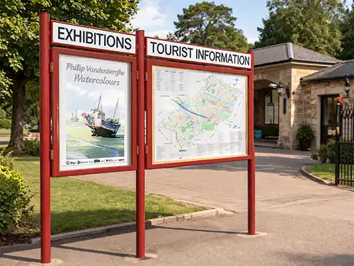 Ideal Outdoor notice boards for exhibitions and tourist information Freestanding information boards outside park entrance buildings