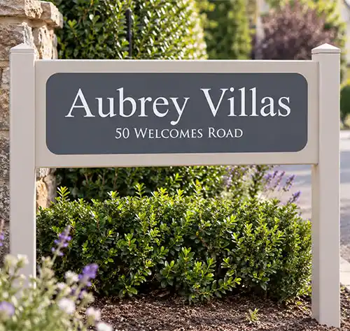 Painted entrance signs can be made of oak or sapele - both durable hardwoods. Handcrafted painted hardwood entrance sign with engraved corian plaque