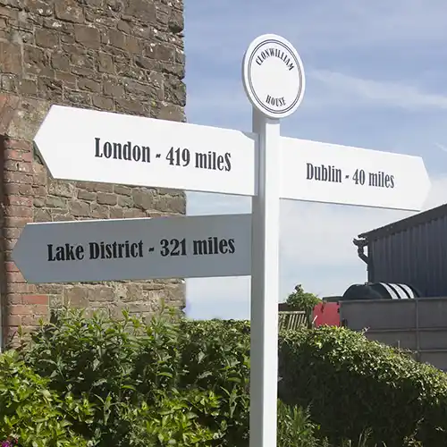 title here Painted sign post with base