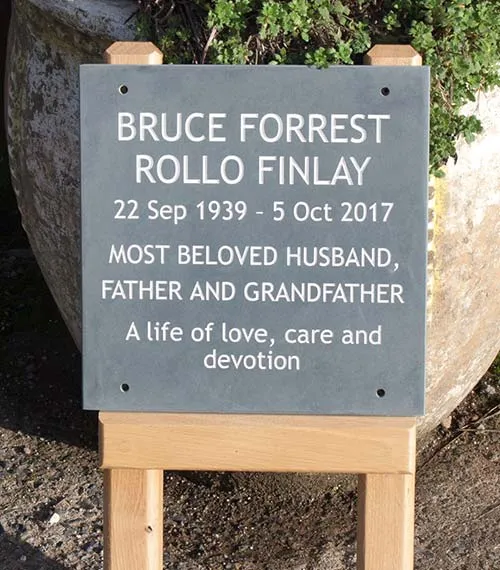 Slate Memorial on Oak Posts.