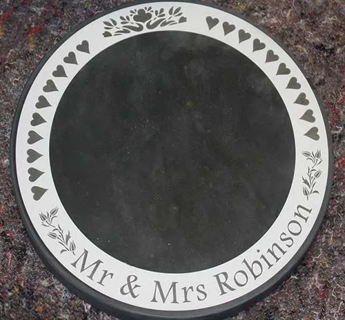 We can include designs and wording on the slate. Round Slate Cake Stand / Table Centre