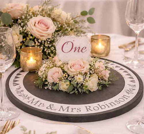 We can include designs and wording on the slate. Round Slate Cake Stand / Table Centre