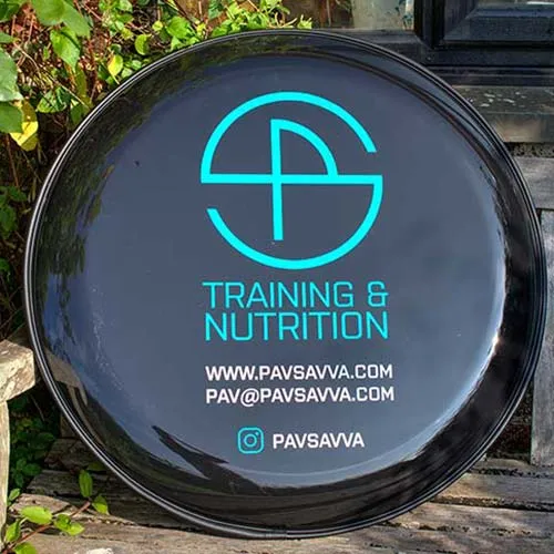 The lettering is cut out of solid colour vinyl and then applied to wheel cover. Wheel Cover with Two Vinyl Colours.