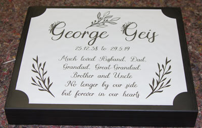 Slate wedge 375m x 300mm with an inlaid laser etched panel. Font Autumn Embrace, Ref 1910.SS.006