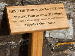 Wooden memorial on a posts for three pets.