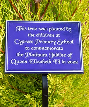 Zinc plaque fixed to 6mm corian backing board on wrought iron tree stake.