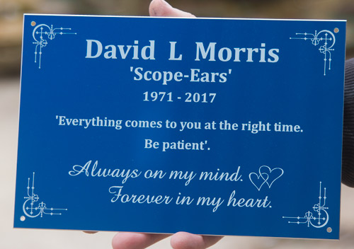 Blue anodised aluminium memorial plaque