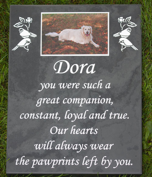 Full colour plaque inset into slate memorial.