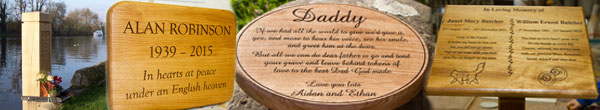 Wooden memorials, memorial plaques, wooden headstones