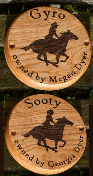 Round Horse Name Plates. 150mm diameter Oak .  Font High tower. Image - VS295.