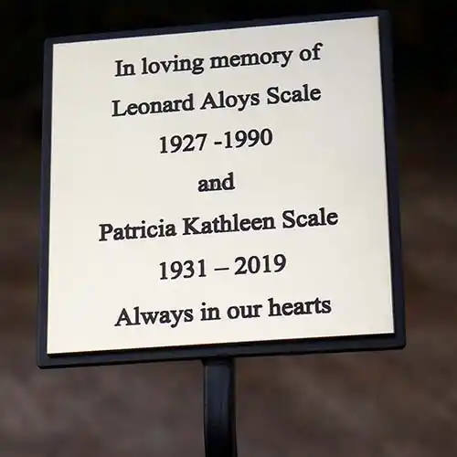 Memorial plaque on wrought iron tree stake Engraved Memorial Plaque