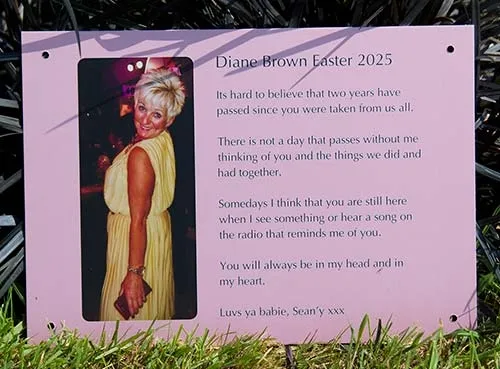 Text and photo locked into the hard anodised aluminium. Pink Photo Memorial