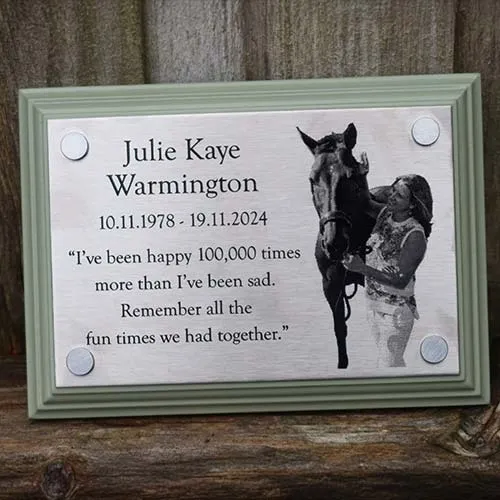 Plaque mounted on a painted backing board - Lichen Etched Stainless Steel Memorial Plaque