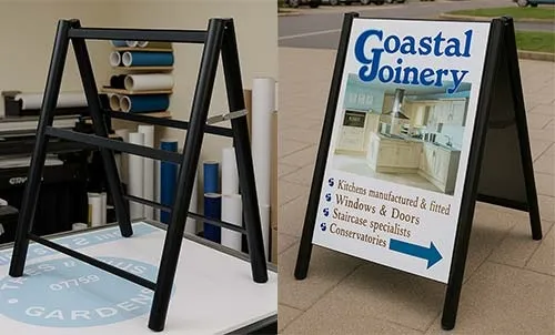 Black heavy duty pavement sign featuring secure hinge pins and tie-down loop. Heavy Duty Pavement Sign