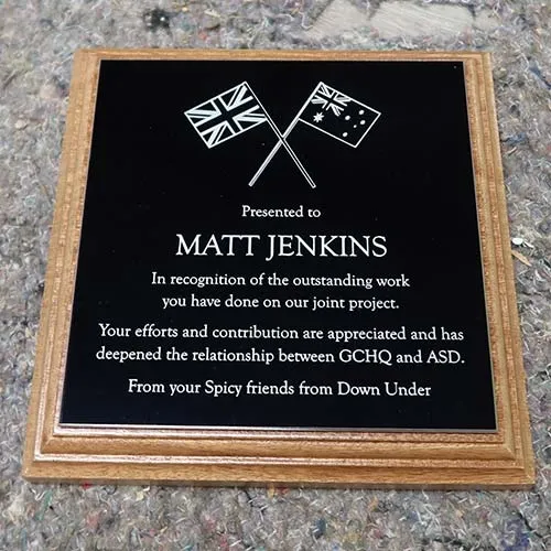 This material is1.6mm thick - ideal for plaques with small text. Black Aluminium Laser Engraved