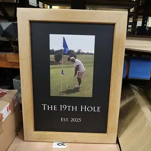 Full colour print on aluminium compsite board framed in oak. Printed Framed Sign
