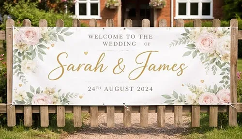 These banners are perfect displayed at reception venue entrance Printed PVC wedding banner displayed outside a venue