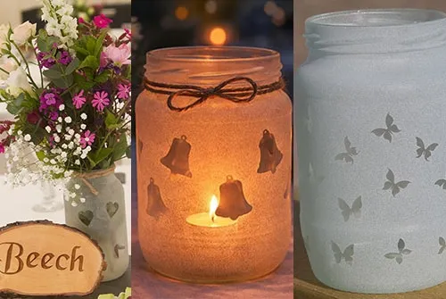 These work well as rustic vases or tea light holders. Sand Blasted Glass Jars