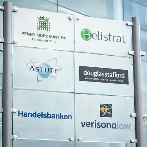 Posts are available - stainless steel effect or powder coated in a RAL colour Clear Acrylic Name Plate With Printed Backing