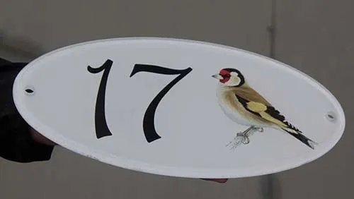 Pink vinyl on reverse of clear acrylic sign House Number Sign