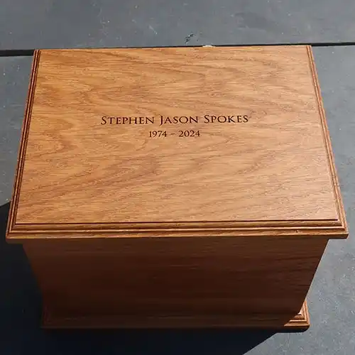 No metal used - just dowels Laser Engraving on Casket Lid