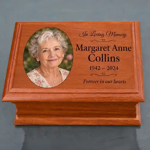 Ashes casket with engraved plaque Mahogany Ashes Casket with Colour Image