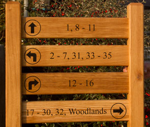 Wooden ladder sign with four signs on two posts